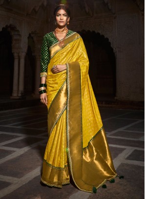 Festive Wear Art Silk Yellow And Green Saree