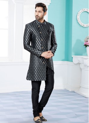 Festive Wear Black Jacquard Silk Indowestern Set