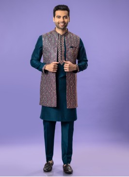 Festive Wear Rama Blue Nehru Jacket Set