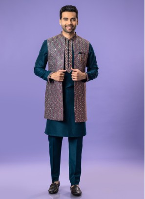 Festive Wear Rama Blue Nehru Jacket Set