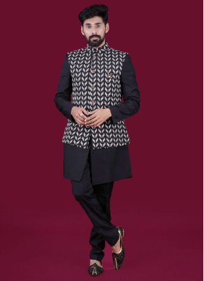 Festive Wear Black Nehru Jacket Set In Silk