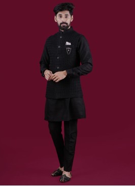 Festive Wear Black Nehru Jacket Set In Silk