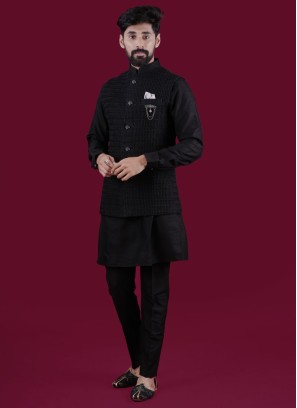 Festive Wear Black Nehru Jacket Set In Silk