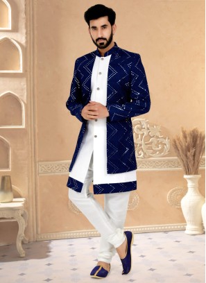 Festive Wear Blue And White Jacket Style Indowestern Set