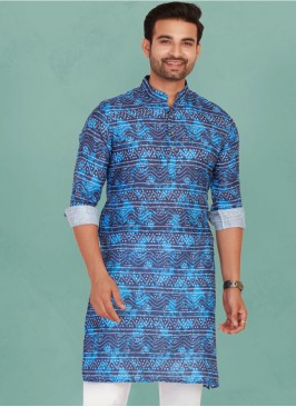 Festive Wear Blue Bandhani Printed Kurta In Cotton