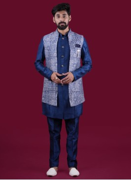 Festive Wear Blue Nehru Jacket Set In Silk