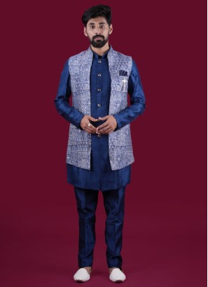 Festive Wear Blue Nehru Jacket Set In Silk