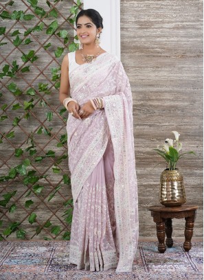 Lavender Silk Sequins Embellished Wedding Saree