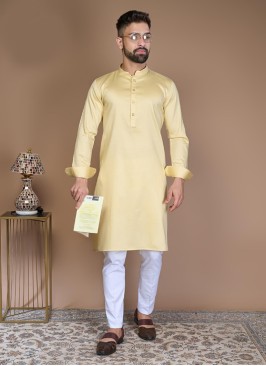Festive Wear Cotton Silk Kurta In Light Yellow Color