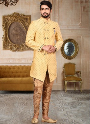 Festive Wear Cream Art Jacquard Silk Indowestern Set