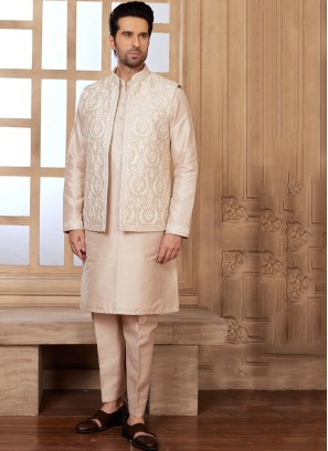 Festive Wear Cream Embroidered Nehru Jacket Set