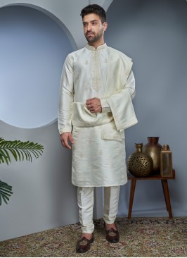 Festive Wear Cream Kurta Pajama With Dupatta