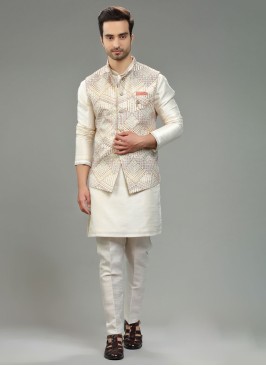 Festive Wear Cream Nehru Jacket Set In Art Silk