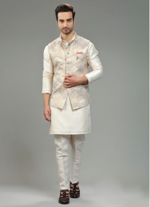 Festive Wear Cream Nehru Jacket Set In Art Silk