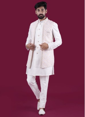 Festive Wear Cream Nehru Jacket Set In Silk