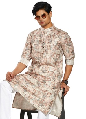 Festive Wear Dark Beige Printed Kurta In Cotton