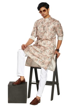 Festive Wear Dark Beige Printed Kurta Pajama In Cotton