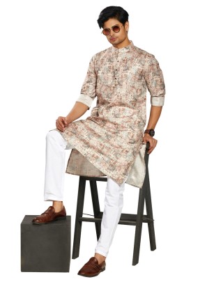 Festive Wear Dark Beige Printed Kurta Pajama In Cotton