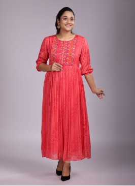 Festive Wear Dark Peach Printed Silk Kurti