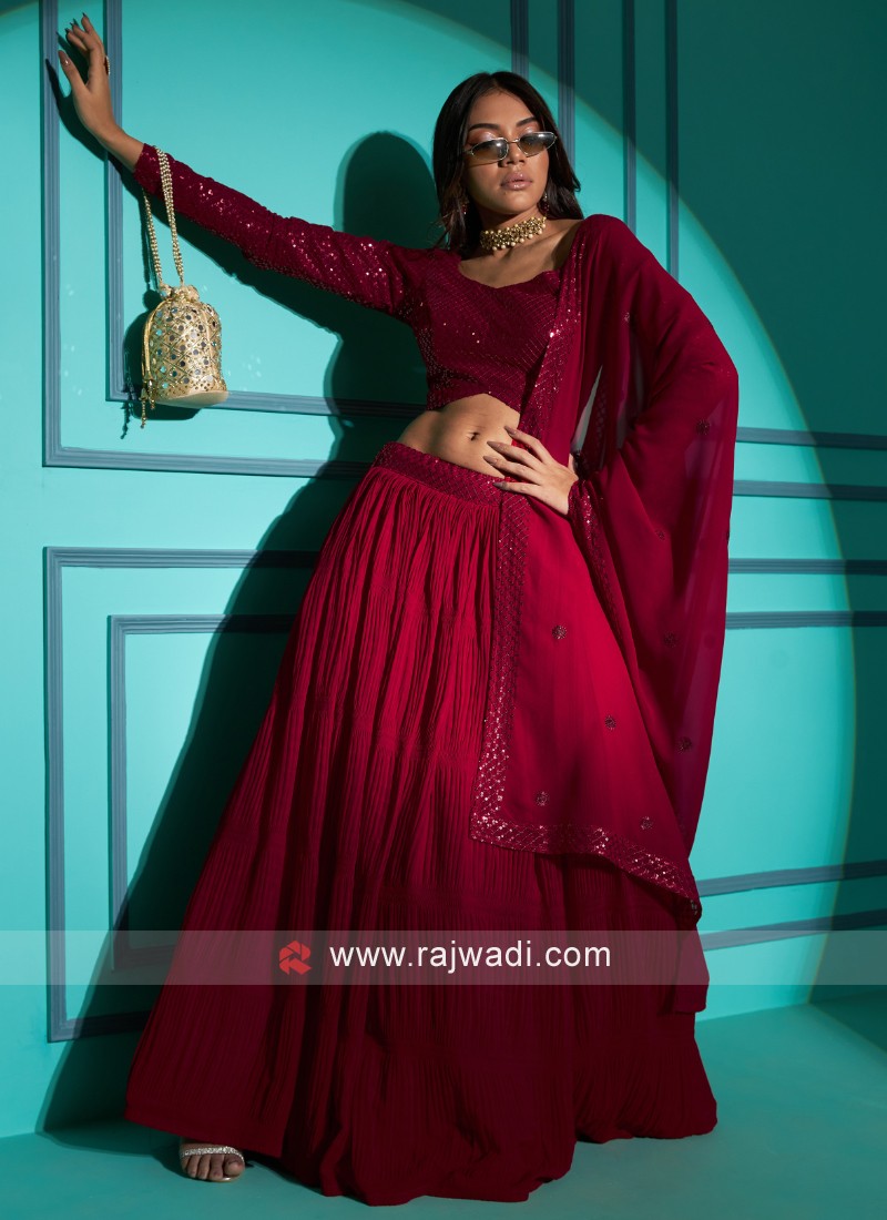 Buy Designer Sarees, Salwar Kameez, Kurtis & Tunic and Lehenga  Choli.Graceful Silk Dark Red Lehenga Choli