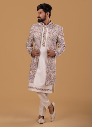 Festive Wear Embroidered Cream Indowestern Set