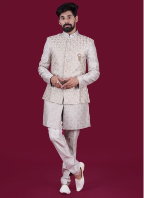 Festive Wear Fawn Nehru Jacket Set In Raw Silk