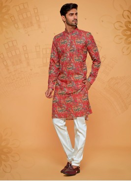 Festive Wear Floral Printed Red Kurta Pajama