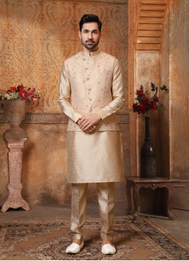 Festive Wear Golden Cream Nehru Jacket Set