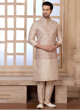 Festive Wear Golden Cream Thread Embroidered Nehru Jacket Set