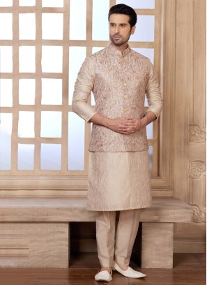 Festive Wear Golden Cream Thread Embroidered Nehru Jacket Set