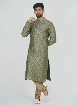 Festive Wear Green Cotton Silk Kurta Pajama