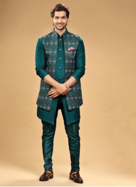 Festive Wear Green Nehru Jacket Set In Silk