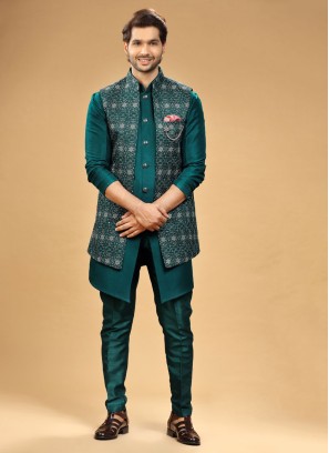 Festive Wear Green Nehru Jacket Set In Silk