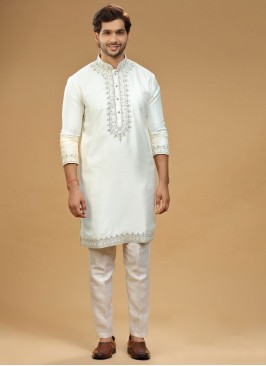 Festive Wear Ivory Kurta Pajama In Silk