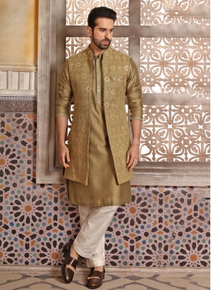 Festive Wear Jacket Style Olive Green Embroidered Indowestern