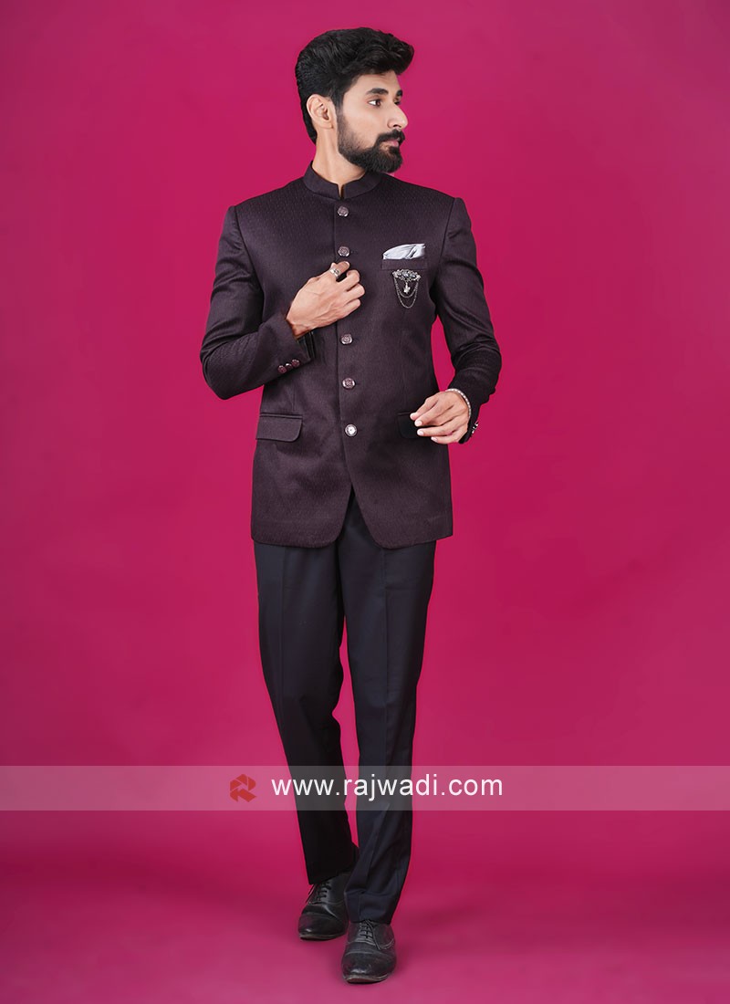 Embroidered Velvet Jodhpuri Suit in Wine : MUY908