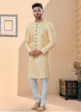 Festive Wear Lemon Yellow Indowestern Set For Men