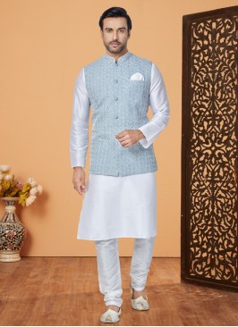 Festive Wear Light Blue Nehru Jacket Set For Men