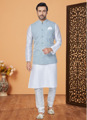 Festive Wear Light Blue Nehru Jacket Set For Men