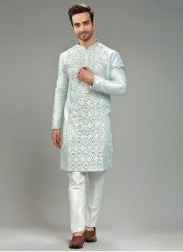 Festive Wear Light Cyan Kurta Pajama In Silk