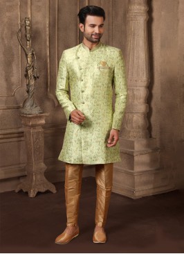 Festive Wear Light Green Jacquard Silk Indowestern Set