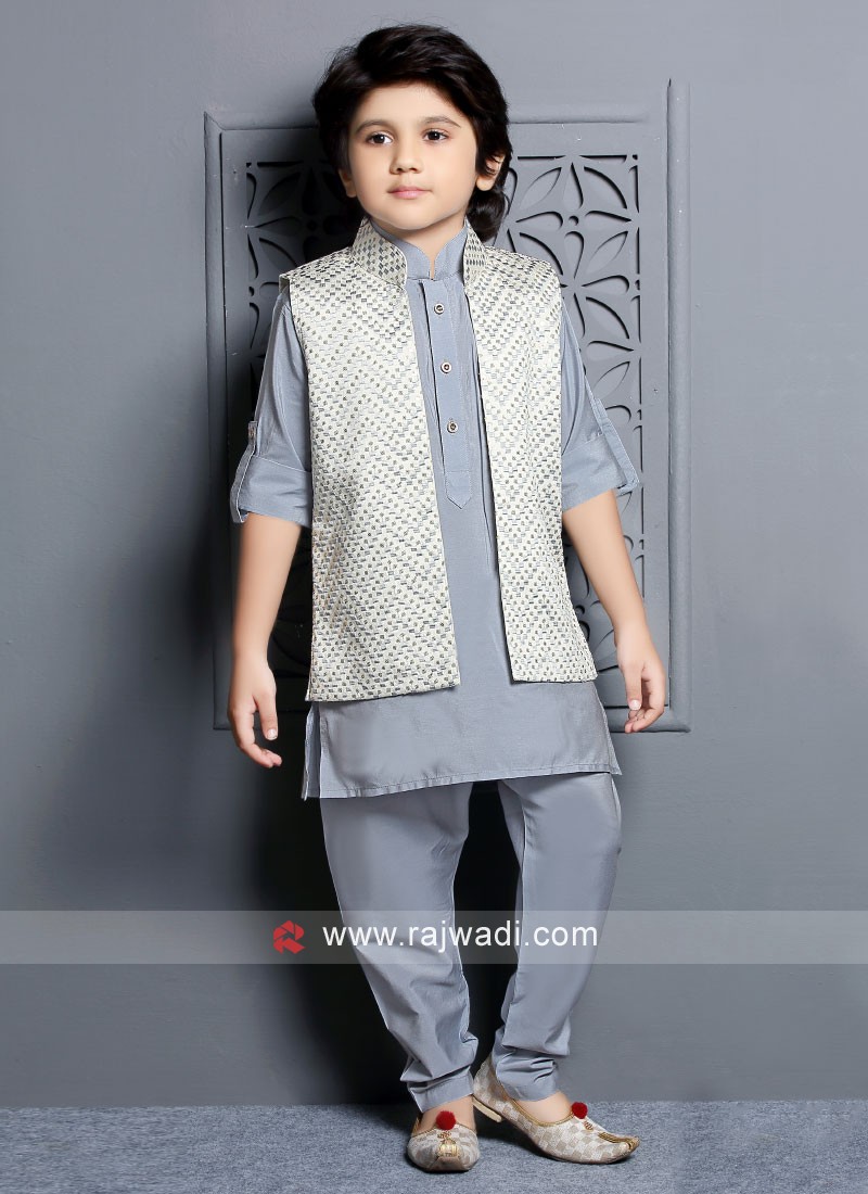 Festive Wear Light Grey Color Nehru Jacket Set