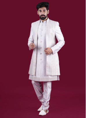 Festive Wear Light Grey Nehru Jacket Set In Silk