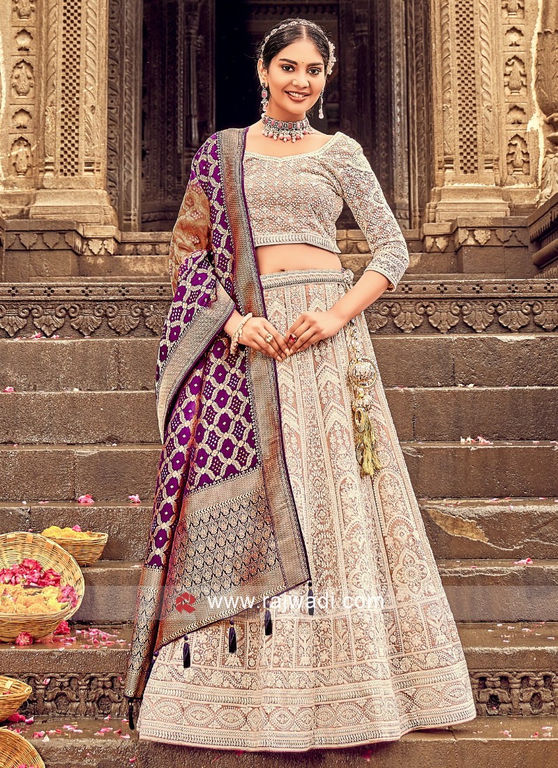 Demanding Wine Lucknowi Work Lehenga Choli With Net Dupatta