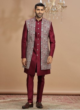 Festive Wear Maroon Nehru Jacket Set