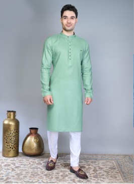 Festive Wear Mint Green Cotton Silk Kurta Pajama