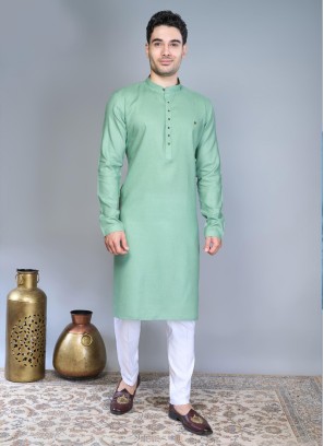 Festive Wear Mint Green Cotton Silk Kurta Pajama