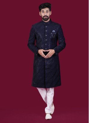 Festive Wear Navy Blue Indoestern In Velvet