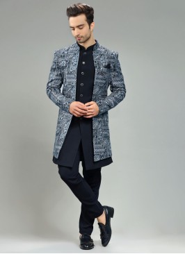 Festive Wear Navy Blue Indowestern In Raw Silk