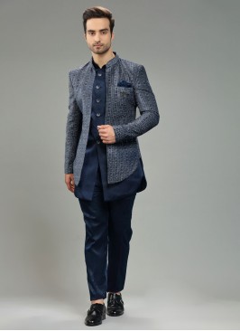 Festive Wear Navy Blue jacket Style Indowestern in Silk